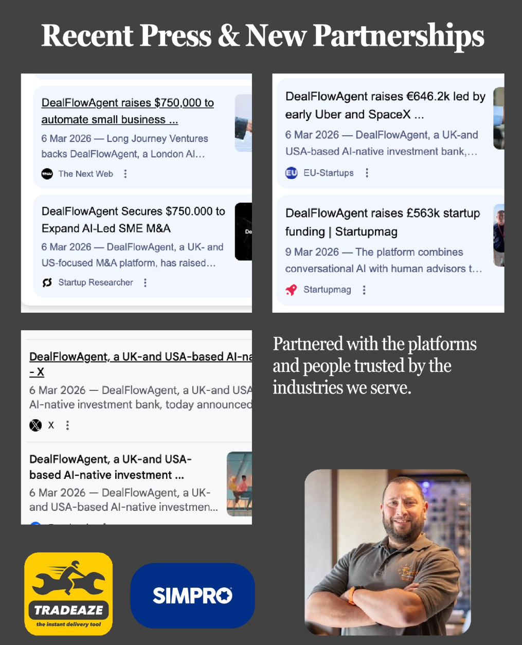 DealFlowAgent founder with investor logos from Uber, SpaceX, Canva, Notion and Loom
