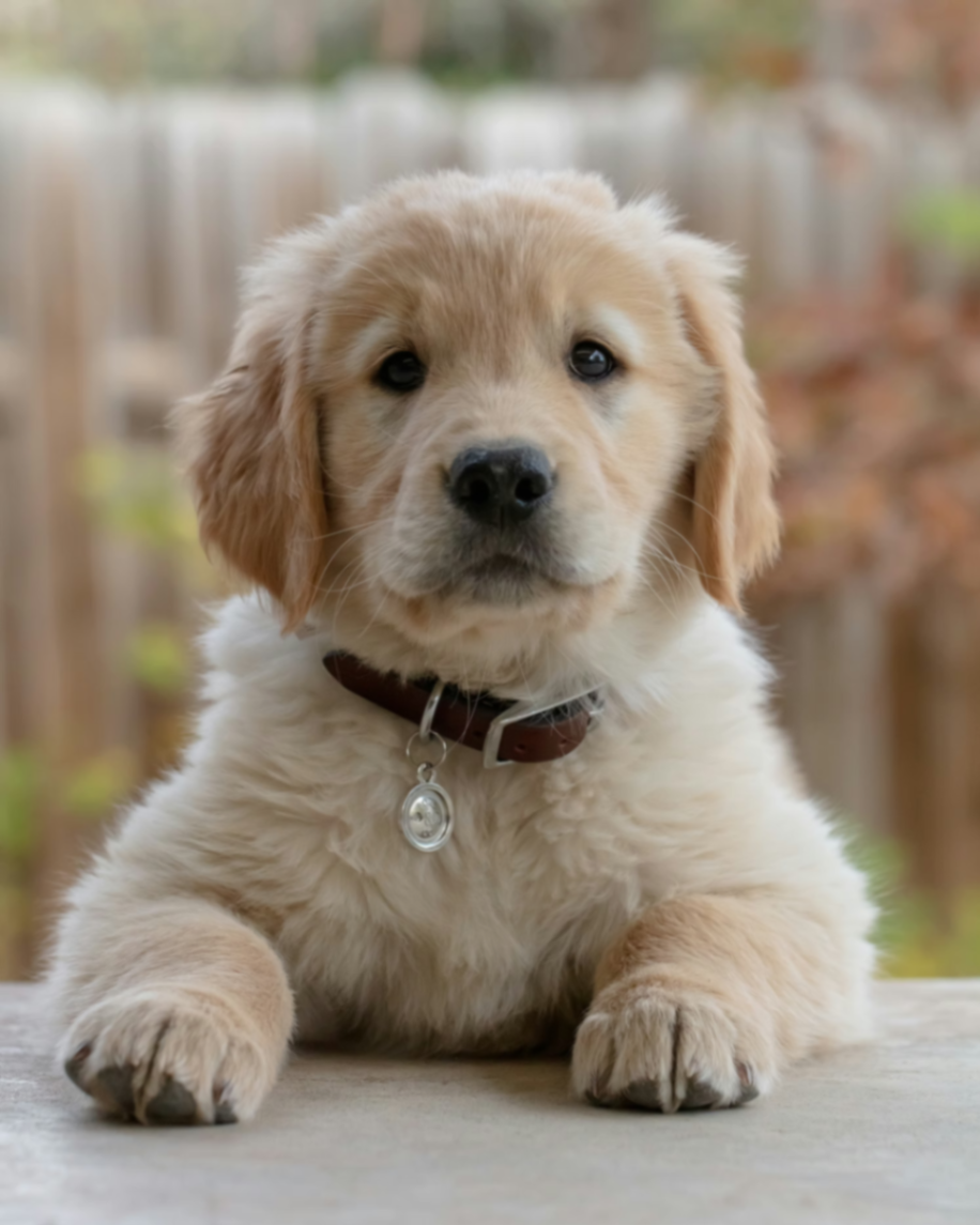 Golden retriever puppy looking up