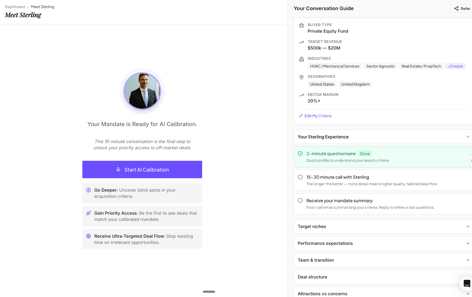 Sterling AI calibration interface showing buyer mandate, conversation guide, and deal criteria