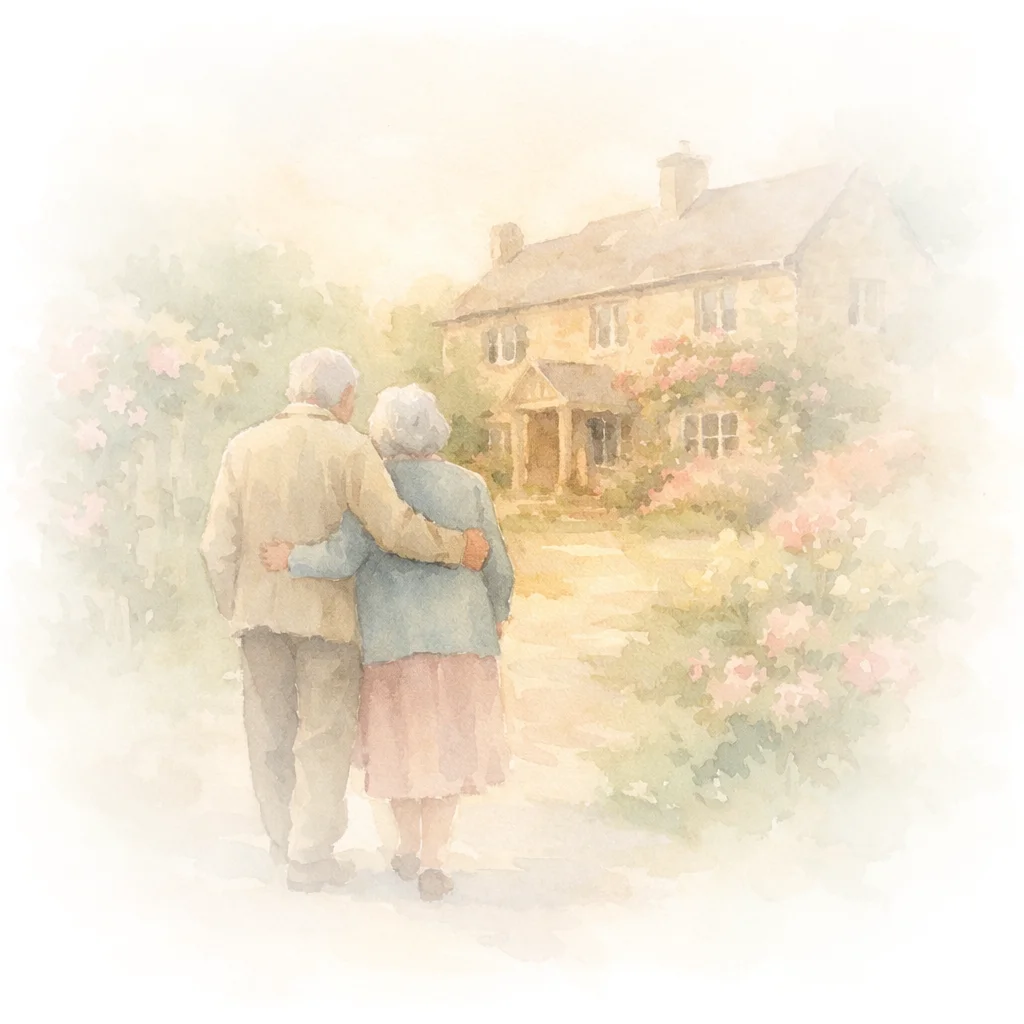 Elderly couple walking arm-in-arm through a care home garden